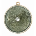 A diamond and white and green guilloche enamel and gold locket, c1910, 28mm diam, 12g No chips or