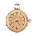 A Swiss 18ct gold keyless lever lady's watch, early 20th c, with engraved dial, base metal