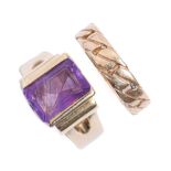 A pierced gold ring and an amethyst ring, in gold, both marked 14k 585, 11.7g, size K Good