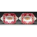 A pair of Meissen pierced dishes, c1860, with shell handles and moulded with scrolling foliage,
