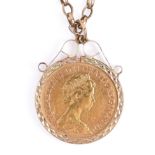 Gold coin. Half sovereign 1982, mounted in a 9ct gold pendant, on 9ct gold necklet, 10.2g Slight