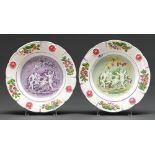 Two British moulded white earthenware plates, c1830, with purple or green transfer print of the