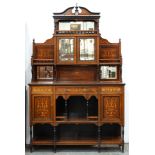 A Victorian rosewood and inlaid side cabinet, c1890, the upper part with swan neck pediment,