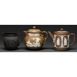 An Adams & Bromley brown jasper ware teapot and cover, 1873-86, sprigged with classical figures,