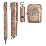 An Edwardian silver dog whistle, 40mm l, Birmingham, marks rubbed, a silver vesta case, cigarette