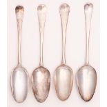 Four George II and George III silver tablespoons, Hanoverian pattern without rat tail, two with