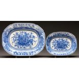 A graduated pair of Staffordshire blue printed earthenware Basket pattern dishes, c1810, 27.5 and