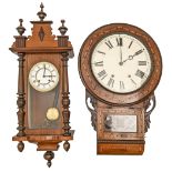 A Victorian walnut and crossbanded trunk dial wall clock, pendulum, 70cm h and a walnut 'Vienna'