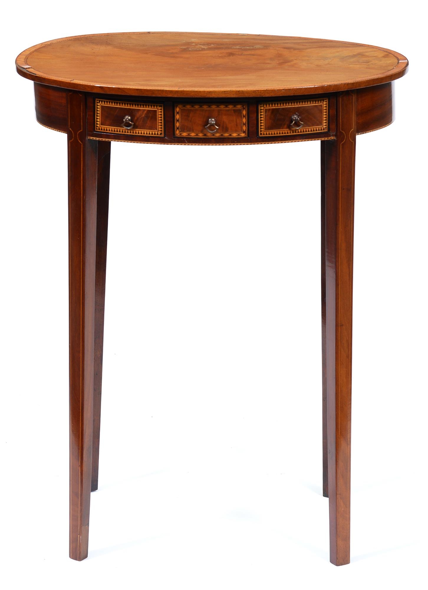 A George III oval mahogany occasional table, crossbanded in sycamore and broken line inlaid,