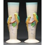 Clarice Cliff. A pair of A J Wilkinson Lovebirds vases, 1937-48, 32cm h, printed mark