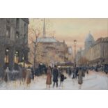 M Stanley, 20th / 21st c - Fin de siecle Paris in Winter, signed, oil on canvas, 59.5 x 90cm Good