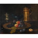 E Didier, 19th c - Still Life with Silver Vessels, signed, oil on canvas, 53 x 64cm, unlined, on the