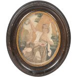 A George III silk needlework oval picture, The Favourite Pupil, titled, dated and inscribed to verso