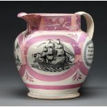 A Sunderland pink marbled lustre jug, mid 19th c, with four black transfer prints, including the