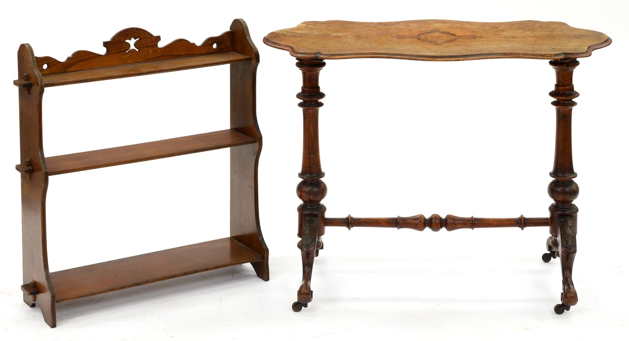 A Victorian serpentine walnut stretcher table, the top in quarter veneers, 50 x 91cm and a set of