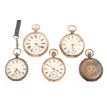 Three silver lever watches, a silver hunting cased watch and a gold plated keyless lever watch, late