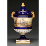 A Royal Worcester cobalt ground ram's head vase and cover, 1903, painted by John Stinton, signed,