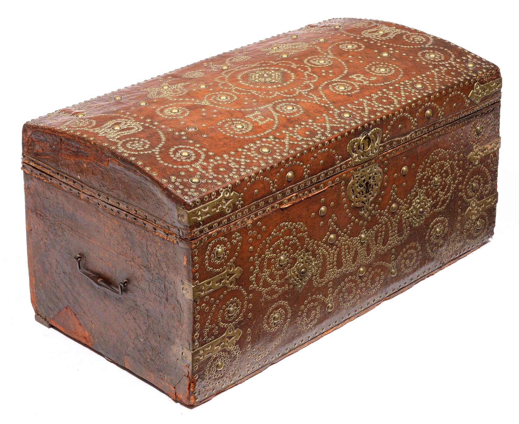 A George II brass-studded leather-covered travelling trunk, Henry Nickles London, of wood with domed - Image 2 of 4