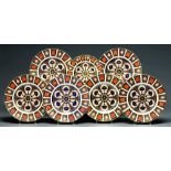 Seven Royal Crown Derby Imari pattern plates, late 20th c, 21.5 and 27cm diam, printed mark Good
