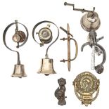 Two Victorian brass and steel servant's or shop call bells, a brass latch, another of iron, etc Good