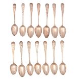 A composed set of six George III silver teaspoons, bright cut Old English pattern, all London, three