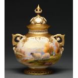 A fine Royal Worcester pot pourri vase and cover, 1925, painted by H Davis, signed, with sheep by