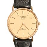 A Longines 9ct gold gentleman's wristwatch, Presence, quartz movement, 33mm diam, black leather