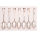 A set of five Victorian silver dessert spoons and two of earlier date, Old English pattern, all