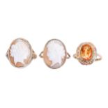 Two cameo rings and a citrine ring, in gold, 9ct or marked 9ct, 11.8g, various sizes Wear to hoop