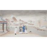 Chinese school, 19th c - Winter Scene with Four Figures and a Dog, ink and wash with gouache on