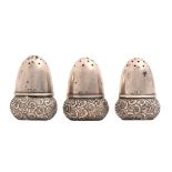 A set of three Edwardian silver acorn novelty pepperettes, 35mm h, by Marks & Cohen, Birmingham