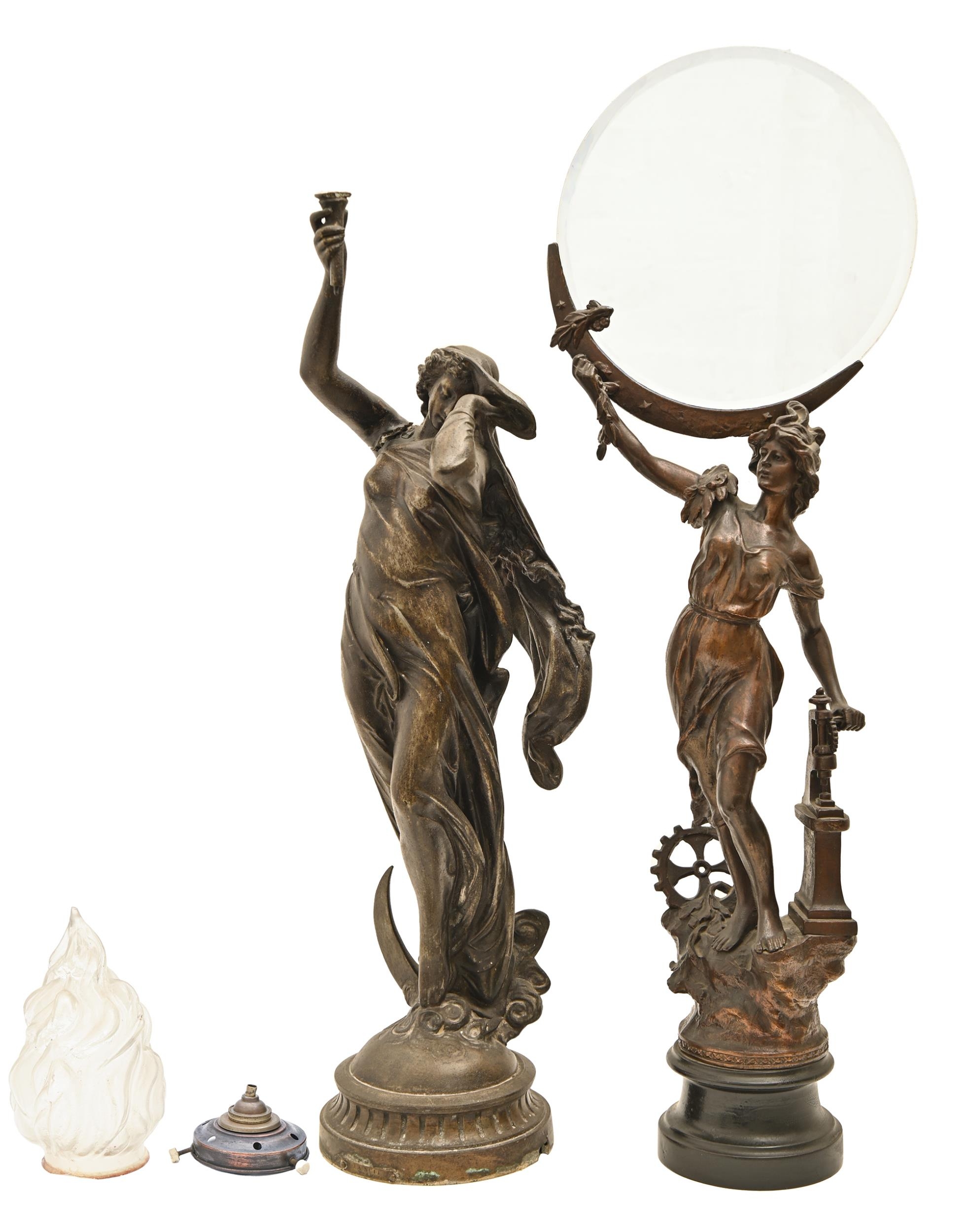 A French fin de siècle bronzed spelter figural lamp, in the form of a maiden emblematic of night and