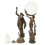 A French fin de siècle bronzed spelter figural lamp, in the form of a maiden emblematic of night and