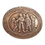 A Dutch oval silver snuff box, the lid embossed with figures from Rembrandt's Night Watch, 65mm l,