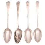 A composed set of four George III silver tablespoons, Old English pattern, crested, all London,