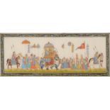 Indian School, 20th c - A Mughal Prince in Procession, pen, ink and pigment on cloth, 11 x 17cm