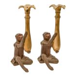 Two painted spelter monkey figural candlesticks, c1900, 28cm h Decoration dirty and scratched