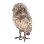 A Dutch silver owl novelty pepperette,  the head forming the cover, with glass eyes, 80mm h, .835