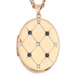 An oval sapphire and diamond locket, in 9ct gold, 33mm, on gold flat curb chain, marked 375, 26.5g