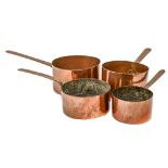 A set of four graduated copper saucepans, early 20th c, with copper handle, 16-24.5cm diam Good