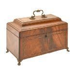 A George III sabicu, mahogany and broken line inlaid tea chest, with moulded cavetto lid, brass