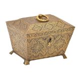 An Indian gold inlaid iron casket, mid 19th c, of sarcophagus shape and decorated overall with