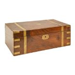 A Victorian brass bound walnut writing box, with fitted interior and two inkwells, the brass