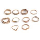 A 9ct three colour gold Russian wedding ring, London 2000 and nine other gold rings, 22g, various
