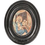 An 18th century colifichet silk embroidery and paper oval picture, worked with Saint Cecilia, the