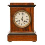 A French walnut, tulipwood and ebonised mantel clock, late 19th c, with enamel dial and bell