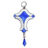 A silver and blue translucent and white enamel pendant, 37mm including drop, by J Aitkin & Son,