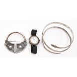 A silver  Tara brooch,  59mm diam, maker's mark rubbed, Chester 1947, a silver wristlet watch and