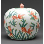 A Chinese porcelain carp jar and cover, 19th/20th century, enamelled predominately in iron red and