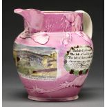 A Sunderland pink marbled lustre creamware  jug, probably 'Garrison' Pottery, c1830,  with